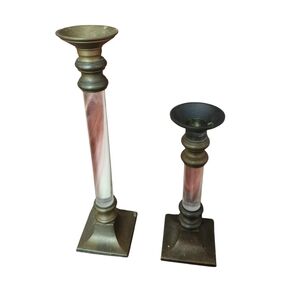 Vintage Set Of 2 Brass & Clear Acrylic Modern Candle Holders 12" & 8.5" Decor